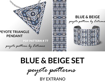 Bracelet with pendant pattern, peyote tutorial, uneven peyote pattern, triangle peyote pattern, pattern for beaded peyote set BLUE & BEIGE