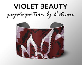 Peyote bracelet pattern, wide cuff pattern, even peyote stitch, peyote pattern, DIY jewelry - VIOLET BEAUTY, 4 colors only, Instant download