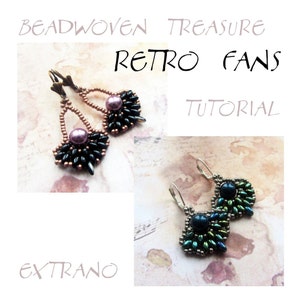 Op de afbeelding: Twee paar kralen oorbellen, een paar met zwarte en koperen kralen en een roze parel, de andere met groene en zilveren kralen en een donkerblauwe parel. De oorbellen zijn gelabeld "Beadwoven Treasure Retro Fans Tutorial"