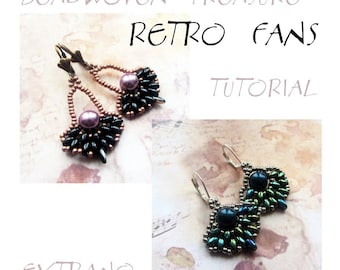 Superduo earrings tutorial, fan earrings pattern, superduo pattern, jewelry, round earrings, beaded fans - RETRO FANS - immediate download