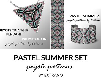 Bracelet with pendant pattern, peyote tutorial, uneven peyote pattern, triangle peyote pattern, pattern for beaded set PASTEL SUMMER set