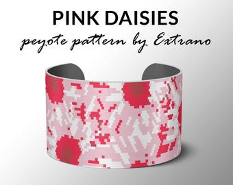 Peyote bracelet pattern, wide cuff pattern, even peyote stitch, peyote pattern, DIY jewelry - PINK DAISIES - 8 colors, Instant download