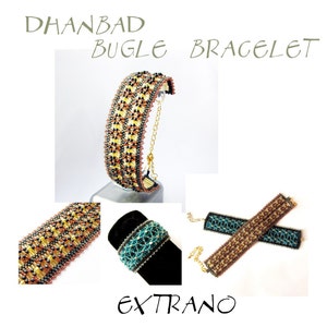 May include: A beaded bugle bracelet with a gold chain clasp. The bracelet features a geometric pattern in shades of gold, black, and copper. The text "DHANBAD BUGLE BRACELET" and "EXTRANO" are visible.