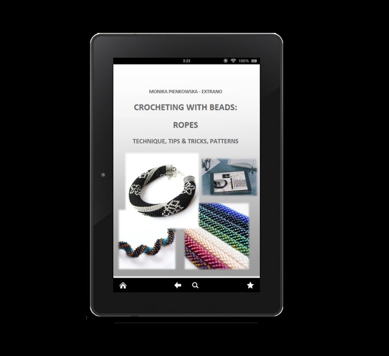 May include: A tablet screen displaying a digital book cover for a crocheting guide titled "Crocheting with Beads: Ropes". The cover features a variety of colorful beaded rope necklaces.