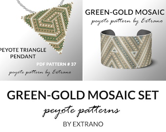 Bracelet with pendant pattern, peyote tutorial, uneven peyote pattern, triangle peyote pattern, pattern for beaded set GREEN - GOLD MOSAIC