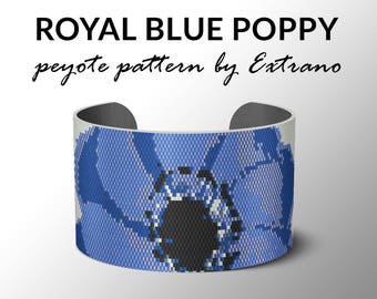 Peyote bracelet pattern, wide cuff pattern, even peyote stitch, peyote pattern, DIY jewelry - BLUE POPPY - 6 colors only - Instant download