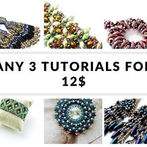 May include: A collage of six beaded jewelry designs, including earrings, bracelets, and necklaces. The text "ANY 3 TUTORIALS FOR 12$" is displayed in the center of the image.