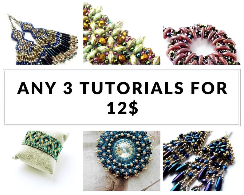 K&ouml;nnte beinhalten: Eine Collage aus sechs Perlen-Schmuckdesigns, darunter Ohrringe, Armb&auml;nder und Halsketten. Der Text "ANY 3 TUTORIALS FOR 12$" wird in der Mitte des Bildes angezeigt.