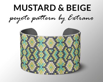projekt bransoletki, pejotl nieparzysty, wzór ściegu, wzór pdf, bransoletka pejotl, wzór pejotl, biżuteria rdzennych Amerykanów, MUSZTARDOWY I BEŻOWY