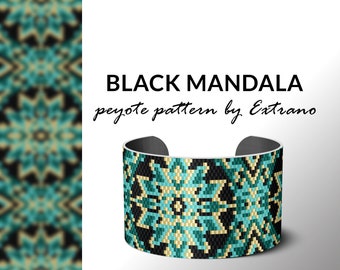 Peyote bracelet pattern, native peyote pattern, odd count, native american pattern, native stitch, pdf pattern beaded bracelet BLACK MANDALA