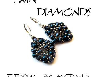 Superduo earrings tutorial, seed bead earrings, earrings tutorial, earrings pattern, superduo pattern, DIY jewelry  - TWIN DIAMONDS