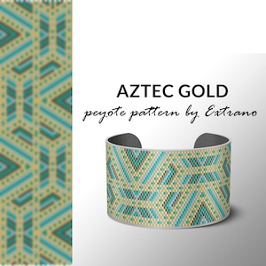 Op de afbeelding: Een peyote-steek armband met een geometrisch patroon in tinten goud, turquoise en grijs. De armband heet "Aztec Gold" en is een patroon van Extrano.