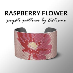 May include: A pink and white peyote stitch bracelet featuring a raspberry flower design. The bracelet is crafted with seed beads and is a fine example of peyote stitch jewellery.