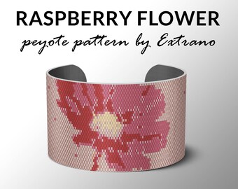 Peyote bracelet pattern, wide cuff pattern, even peyote stitch, peyote pattern, DIY jewelry - RASPBERRY FLOWER - 4 colors only - 2 versions