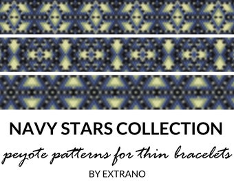 Peyote bracelet patterns, thin bracelet patterns, uneven peyote stitch, geometric peyote pattern, native american bracelets NAVY STARS