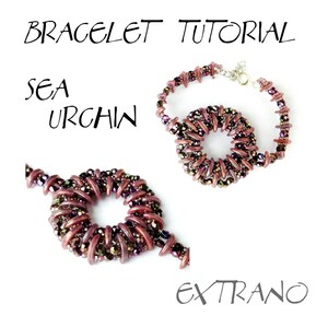 May include: A close-up of a purple and brown beaded bracelet with a silver clasp. The bracelet is made of small, round beads that are arranged in a spiral pattern. The bracelet is called "Sea Urchin" and is part of a tutorial called "Extraño".