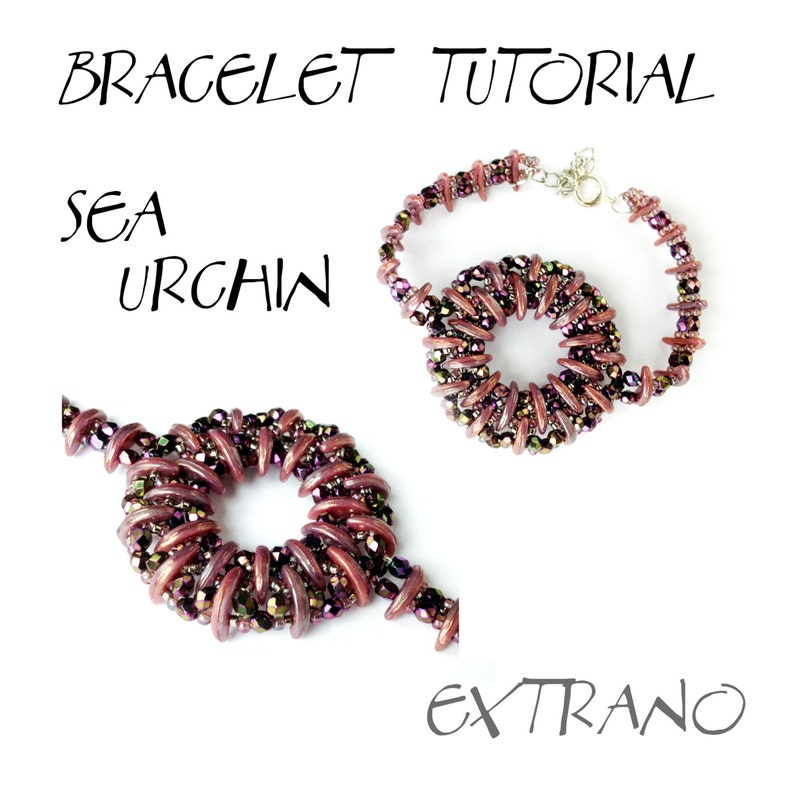 May include: A close-up of a purple and brown beaded bracelet with a silver clasp. The bracelet is made of small, round beads that are arranged in a spiral pattern. The bracelet is called "Sea Urchin" and is part of a tutorial called "Extra&ntilde;o".