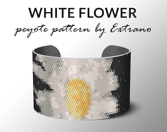 Peyote bracelet pattern, wide cuff pattern, even peyote stitch, peyote pattern, DIY jewelry - WHITE FLOWER - 8 colors only, Instant download