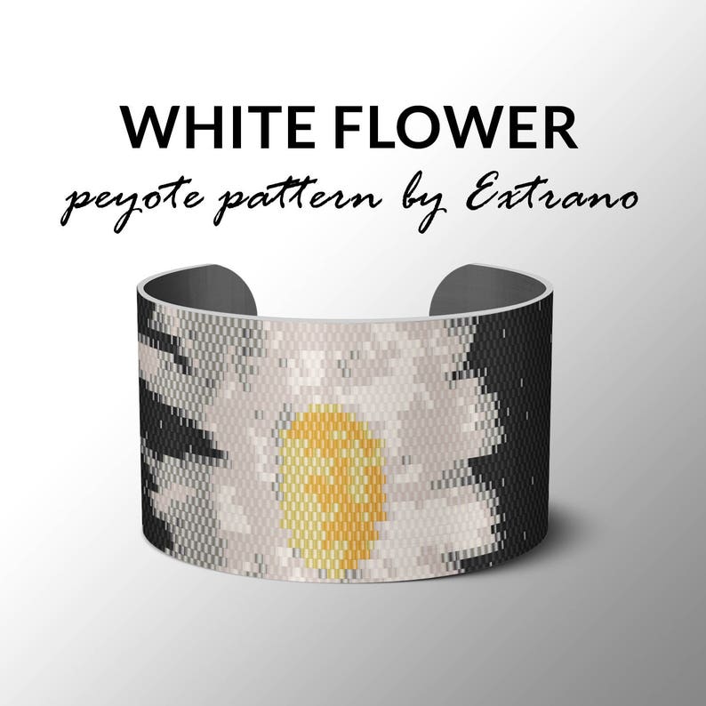 Peyote bracelet pattern, wide cuff pattern, even peyote stitch, peyote pattern, DIY jewelry WHITE FLOWER 8 colors only, Instant download image 1