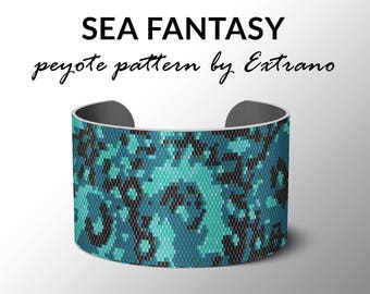 Peyote pattern bracelet, wide cuff pattern, even peyote stitch, peyote pattern, DIY jewelry - SEA FANTASY - 4 colors only - Instant download