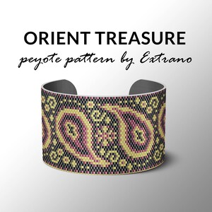 Peyote bracelet pattern, wide cuff pattern, uneven peyote stitch, peyote pattern, DIY jewelry - ORIENT TREASURE - 3 colors, Instant download