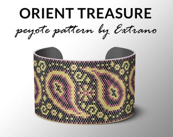 Peyote bracelet pattern, wide cuff pattern, uneven peyote stitch, peyote pattern, DIY jewelry - ORIENT TREASURE - 3 colors, Instant download