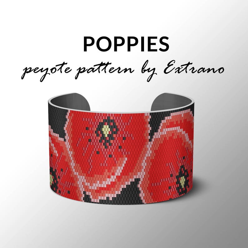 Peyote pattern, bracelet pattern, peyote bracelet, even peyote stitch pattern, delica pattern, 6 colors, PDF, instant download POPPIES image 1