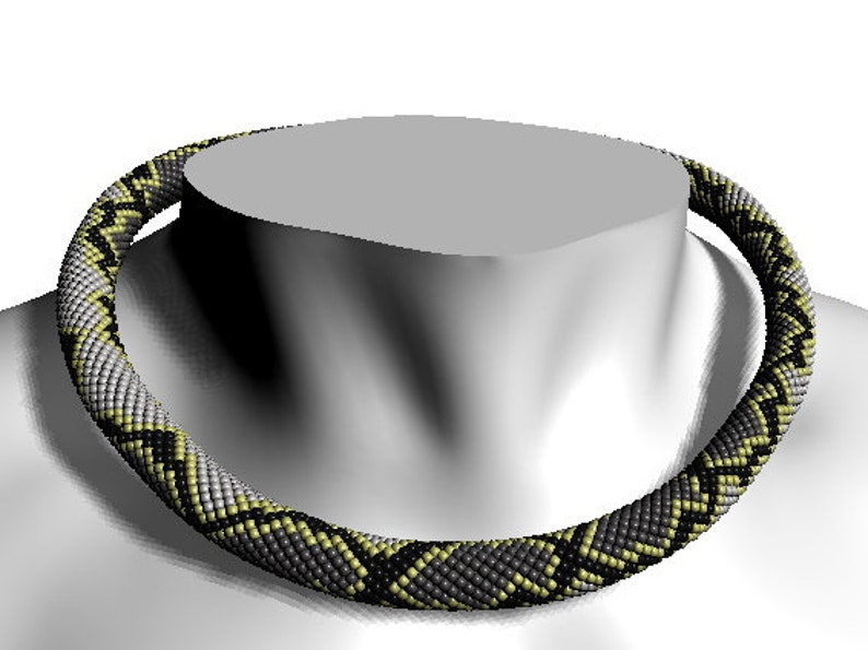 May include: A black, gray, and yellow beaded necklace with a snake skin pattern.
