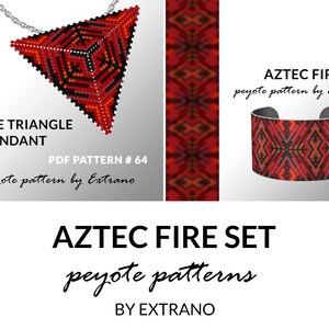 Armband mit Anhänger Muster, Peyote Anleitung, unregelmäßiges Peyote Muster, Dreieck Peyote Muster, Muster für rote Perlen Set AZTEC FIRE