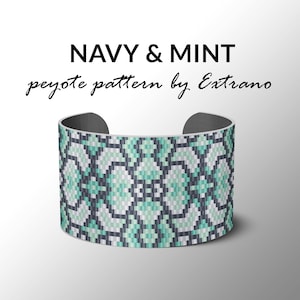 May include: A navy blue and mint green peyote stitch bracelet. The bracelet is made with small beads and has a geometric pattern.