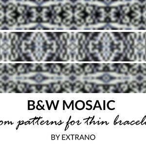 Puede incluir: Patrones de telar de mosaico en blanco y negro para pulseras finas, diseñados por EXTRANO.