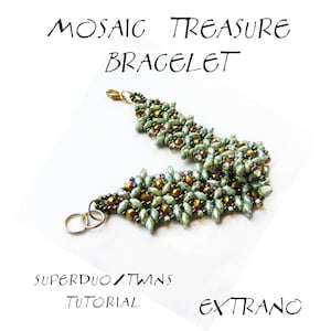 May include: A mosaic bracelet with a gold clasp and silver rings. The bracelet is made of green, gold, and purple beads. The text "MOSAIC TREASURE BRACELET" is at the top. The text "SUPERDUO/TWINS TUTORIAL EXTRANO" is at the bottom.