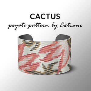 May include: A white, gray, and pink beaded bracelet with a cactus pattern. The bracelet is made with peyote stitch and has the text "Cactus peyote pattern by Extrano" on it.