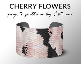 Wzór na bransoletkę peyote, projekt bransoletki, wzór kwiatowy, szeroki wzór mankietu, równomierny ścieg peyote, wzór peyote, wzór pdf KWIATY WIŚNI