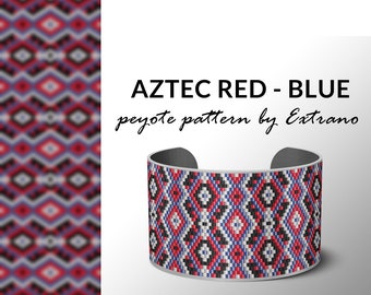 Beading pattern, pattern for bracelet, peyote pattern, peyote bracelet, bracelet pattern, peyote native, uneven peyote - AZTEC RED-BLUE