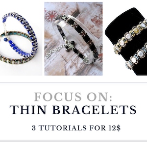 May include: Three thin beaded bracelets, one blue, one black, and one with silver and gold beads. The image text reads "Focus on: Thin Bracelets 3 Tutorials for $12"