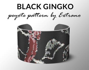 Peyote bracelet pattern, wide cuff pattern, even peyote stitch, peyote pattern, DIY jewelry, BLACK GARDEN Gingko- 5 colors, Instant download