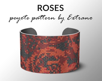 Peyote bracelet pattern, wide cuff pattern, even peyote stitch, peyote pattern, DIY jewelry - ROSES - 4 colors ONLY - Instant download