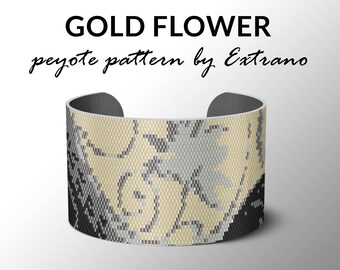 Patrón de pulsera de peyote, patrón de puño ancho, incluso puntada de peyote, patrón de peyote, joyería DIY - FLOR DE ORO - Solo 4 colores - Descarga instantánea