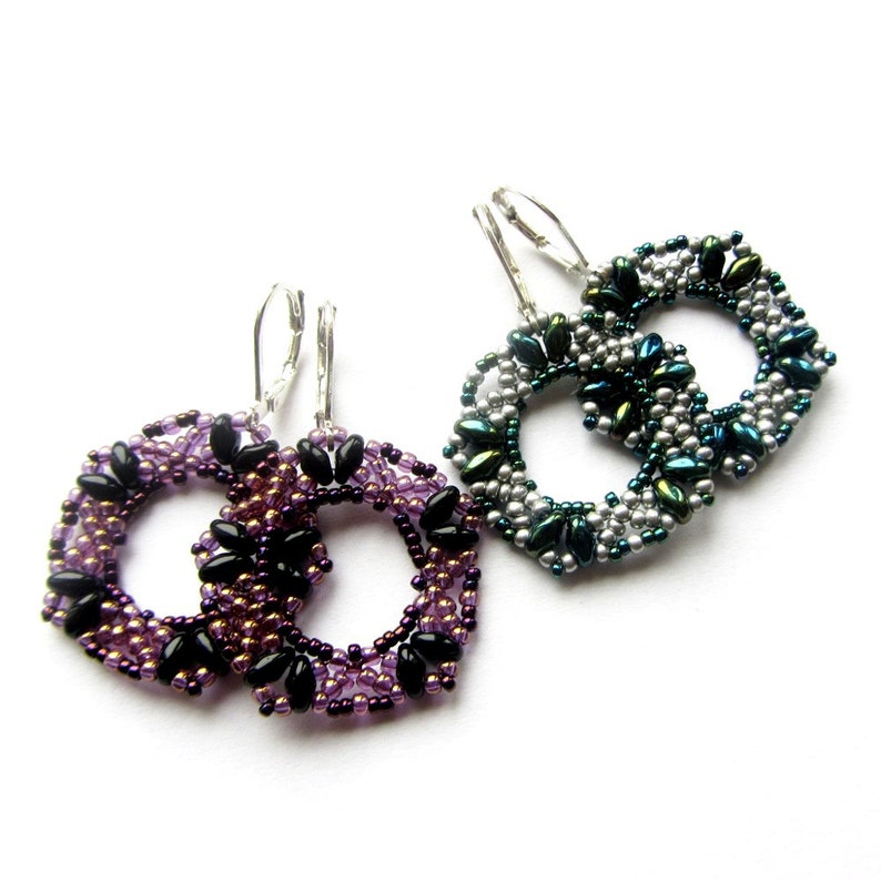 Superduo earrings tutorial, seed bead earrings, earrings tutorial, earrings pattern, superduo pattern, DIY jewelry NETTED WREATH Earrings image 2