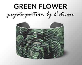 Peyote bracelet pattern, wide cuff pattern, even peyote stitch, peyote pattern, DIY jewelry - GREEN FLOWER - 5 colors - Instant download