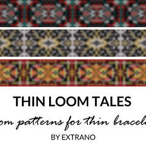 Könnte beinhalten: Ein Grafikdesign für eine Website oder einen Blog namens "Thin Loom Tales" mit Webmustern für dünne Armbänder. Der Text "loom patterns for thin bracelets" ist in kursiver Schrift geschrieben und der Text "BY EXTRANO" in Großbuchstaben.