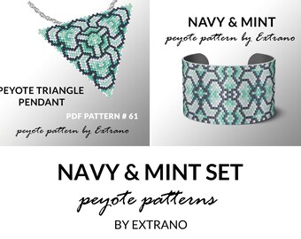 Bracelet with pendant pattern, peyote tutorial, uneven peyote pattern, triangle peyote pattern, pattern for beaded set NAVY & MINT