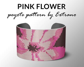 Peyote bracelet pattern, wide cuff pattern, even peyote stitch, peyote pattern, DIY jewelry - PINK FLOWER - 4 colors only - Instant download