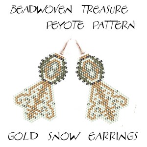 May include: A pair of gold and white beaded earrings with a snowflake design. The earrings are made using a peyote stitch and are labeled "Gold Snow Earrings".