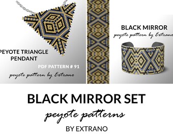 Peyote set, bracelet with pendant pattern, peyote set tutorial, uneven peyote pattern, triangle peyote pattern, pattern for set BLACK MIRROR