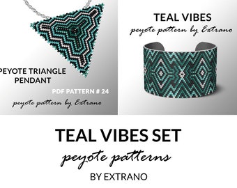 Peyote set, bracelet with pendant pattern, peyote set, uneven peyote pattern, triangle peyote pattern, pattern for beaded set TEAL VIBES