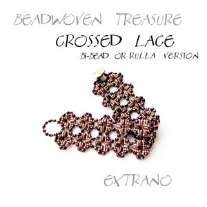 May include: A beaded bracelet with a crossed lace pattern in shades of brown and purple. The bracelet is made with small beads and has a clasp closure. The text "BEADWOVEN TREASURE CROSSED LACE BI-BEAD OR RULLA VERSION" is visible above the bracelet.