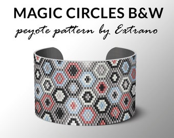 Patrón de pulsera de peyote, patrón de peyote para pulsera ancha, patrón de puño ancho, puntada de peyote desigual, joyería de puntada de peyote MAGIC CIRCLES BW