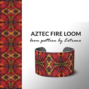 May include: A wide cuff bracelet with an Aztec-inspired pattern in red, black, and yellow. The text "AZTEC FIRE LOOM" and "loom pattern by Extrano" are displayed. The bracelet has a silver-colored interior.